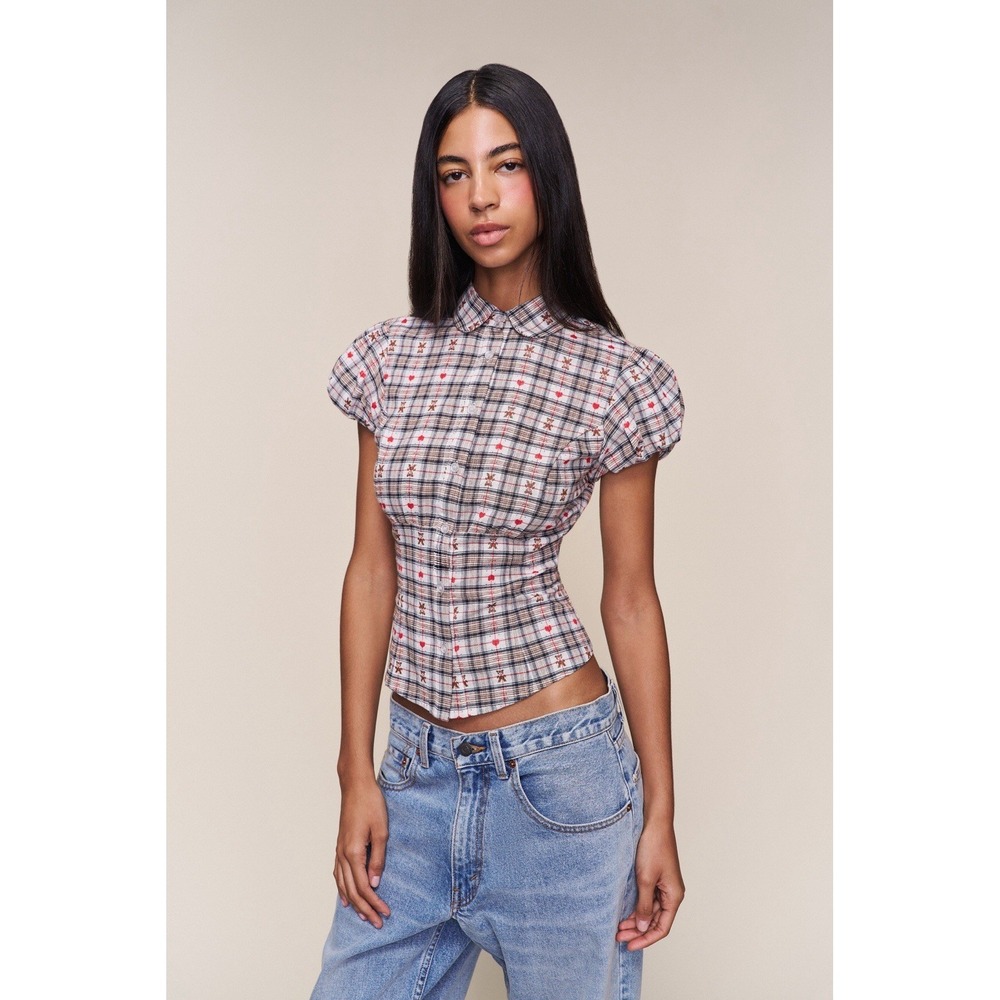 Danielle Guizio NY Liana Bear Plaid Top Button Up  Size Small $128 Free People